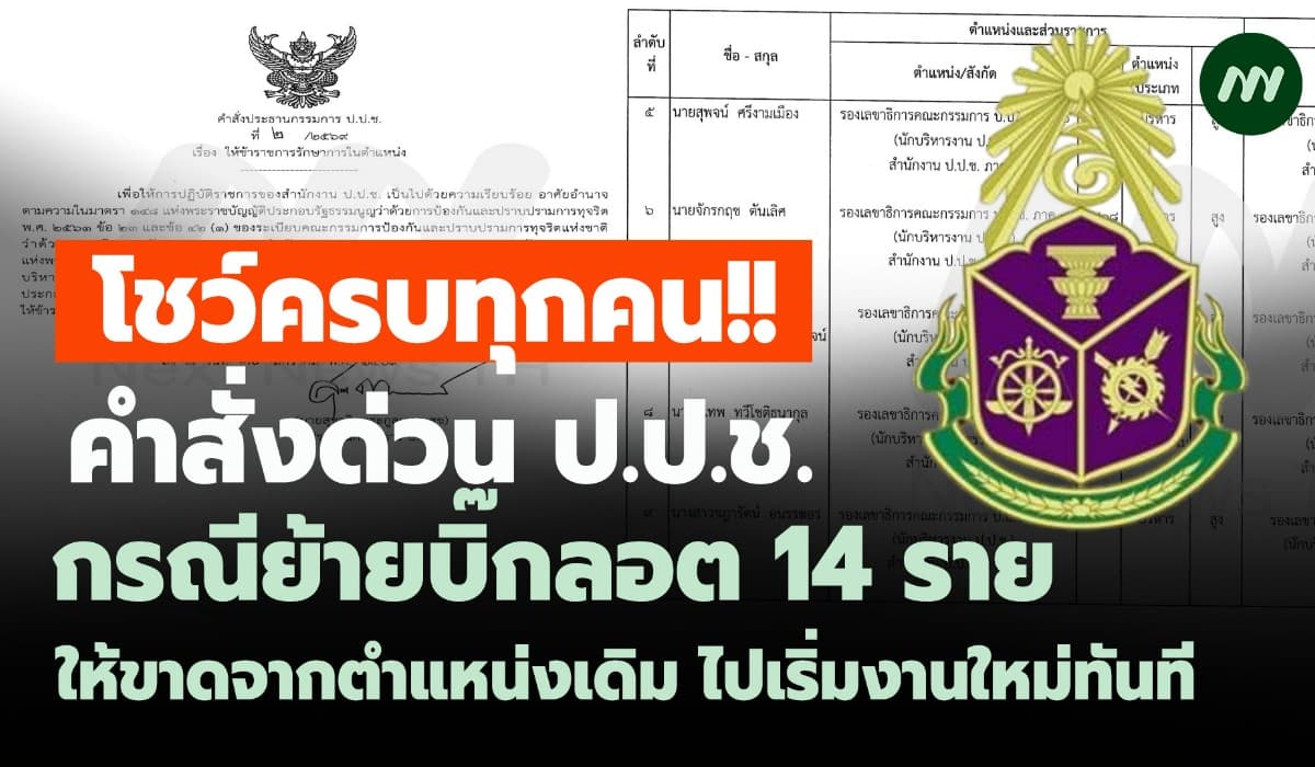 โชว์ครบ 14 ตำแหน่ง! ป.ป.ช.ออกคำสั่งด่วนเริ่มงานที่ใหม่ทันที 2ก.พ.นี้