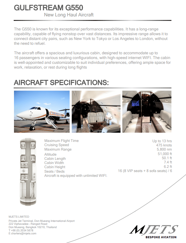 สเปกเครื่องบิน Gulfstream G550 บนเว็บไซต์ Mjets
