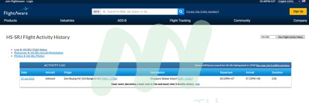 เส้นทางการบินล่าสุดของเครื่องบิน HS-SRJ ไปสิงคโปร์