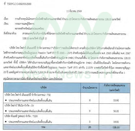หนังสือแจ้งต่อตลาดหลักทรัพย์แห่งประเทศไทย