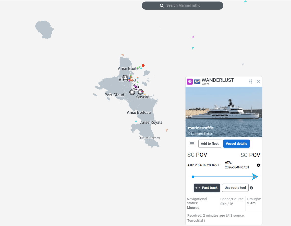 ข้อมูลล่าสุดระบุว่าเรือ Wanderlust อยู่ที่ท่าเรือวิกตอเรีย ประเทศเซเชลส์