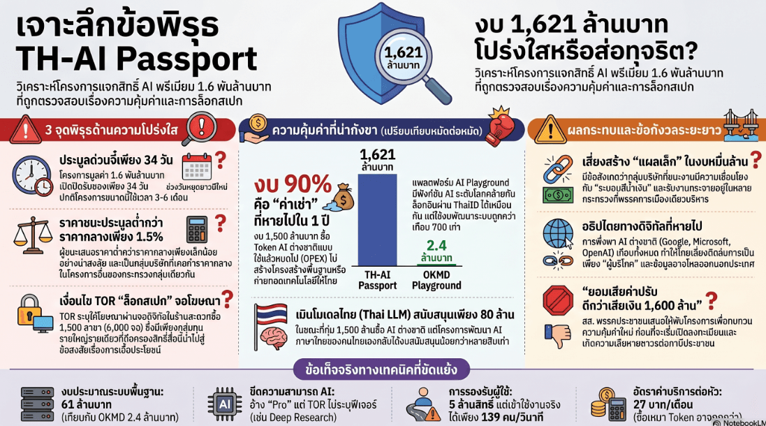 อินโฟกราฟิกวิเคราะห์ความโปร่งใสและความคุ้มค่าของโครงการ TH-AI Passport งบประมาณ 1,621 ล้านบาท