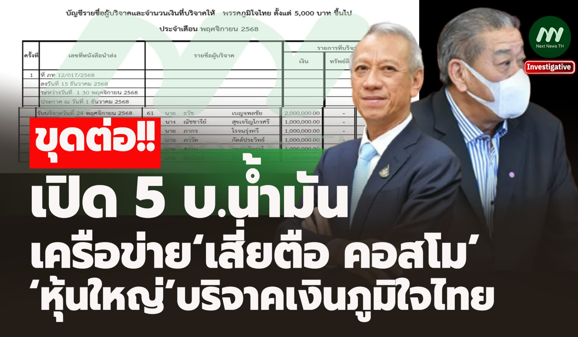 เปิด 5 บ.น้ำมันเครือข่าย‘เสี่ยตือ คอสโม’-‘หุ้นใหญ่’บริจาคเงินภูมิใจไทย