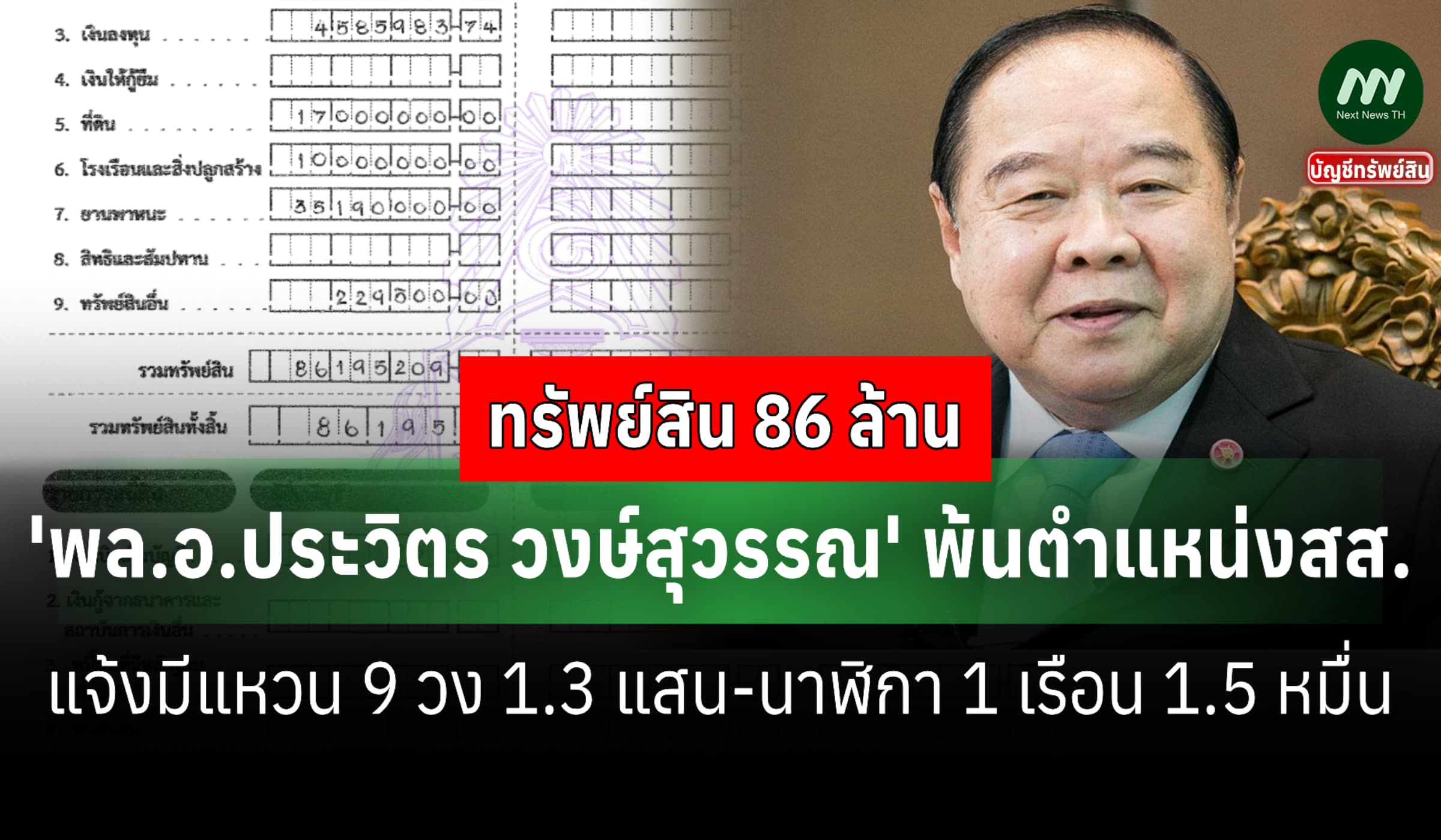 ทรัพย์สิน 86 ล้าน 'พล.อ.ประวิตร วงษ์สุวรรณ'-มีแหวน 9 วง-นาฬิกา 1 เรือน