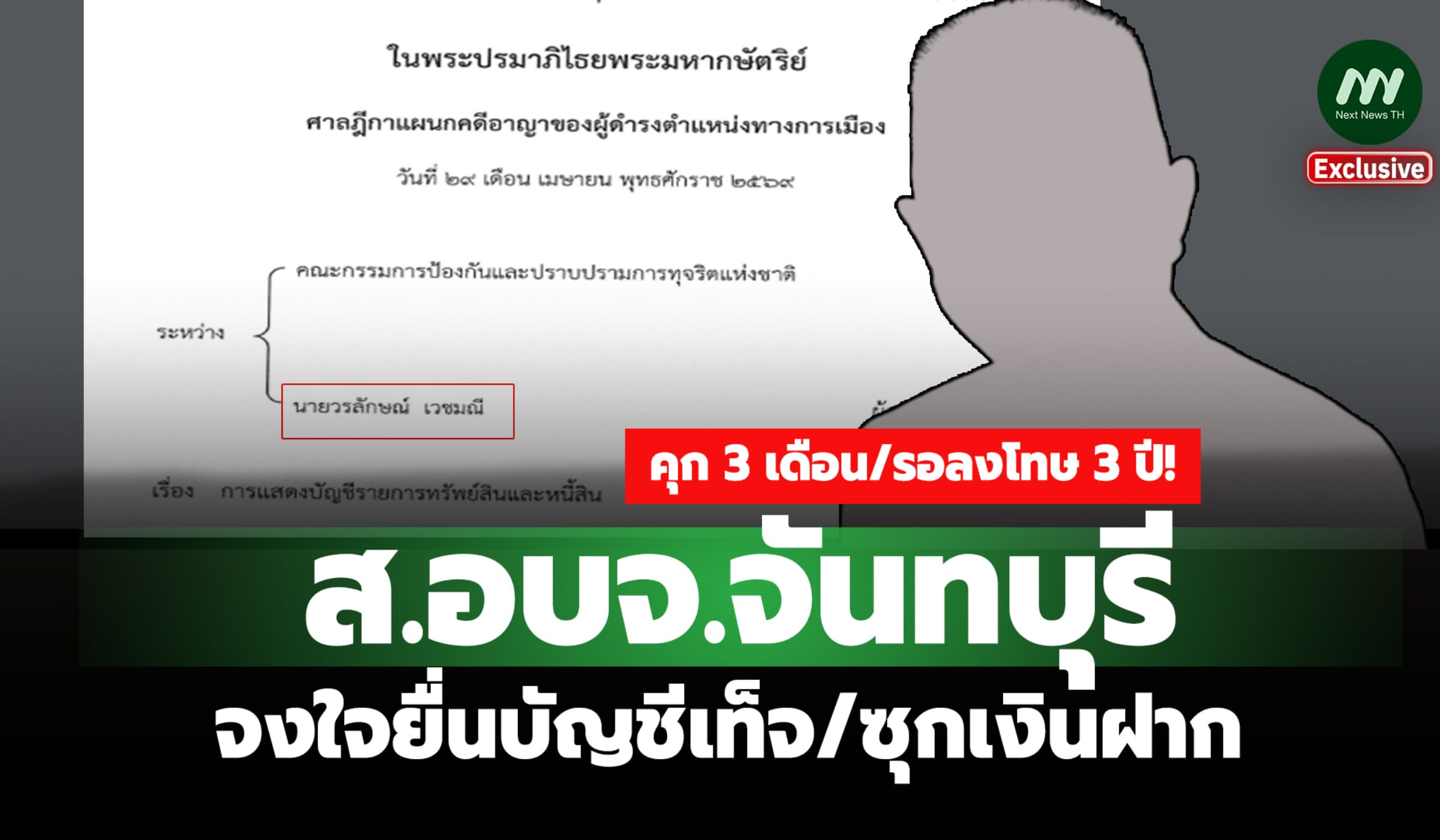 คุก 3 เดือน/รอลงโทษ 3 ปี! ส.อบจ.จันทบุรี จงใจยื่นบัญชีเท็จ/ซุกเงินฝาก