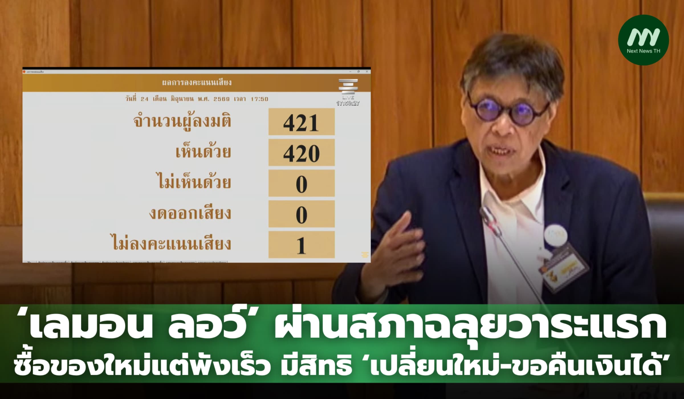 'เลมอน ลอว์' ผ่านสภาฉลุยวาระแรก ซื้อของใหม่ แต่พังเร็ว มีสิทธิ 'เปลี่ยนใหม่-ขอคืนเงินได้