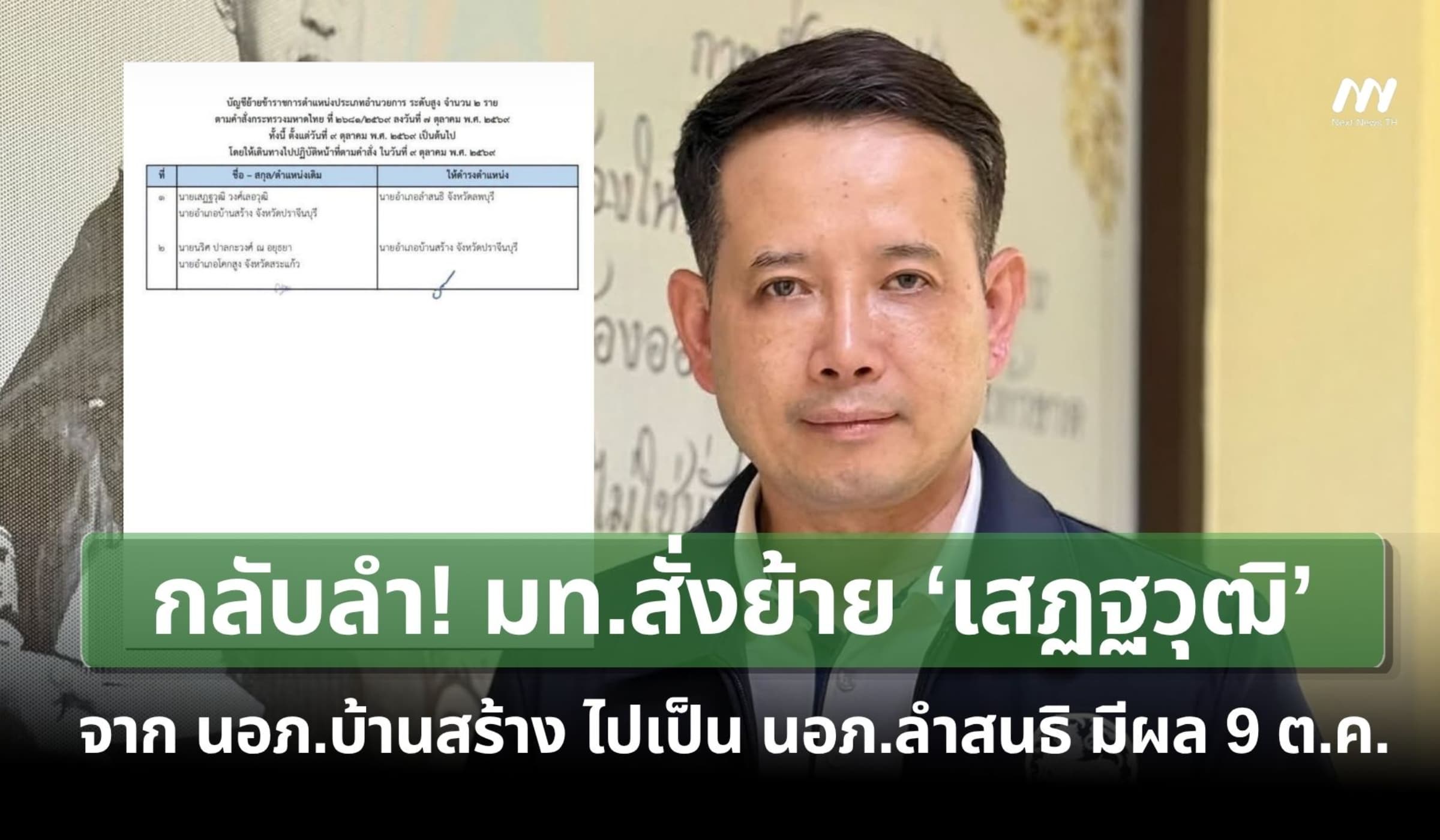 กลับลำ! มท.สั่งย้าย ‘เสฏฐวุฒิ’ จาก นอภ.บ้านสร้าง ไปเป็น นอภ.ลำสนธิ