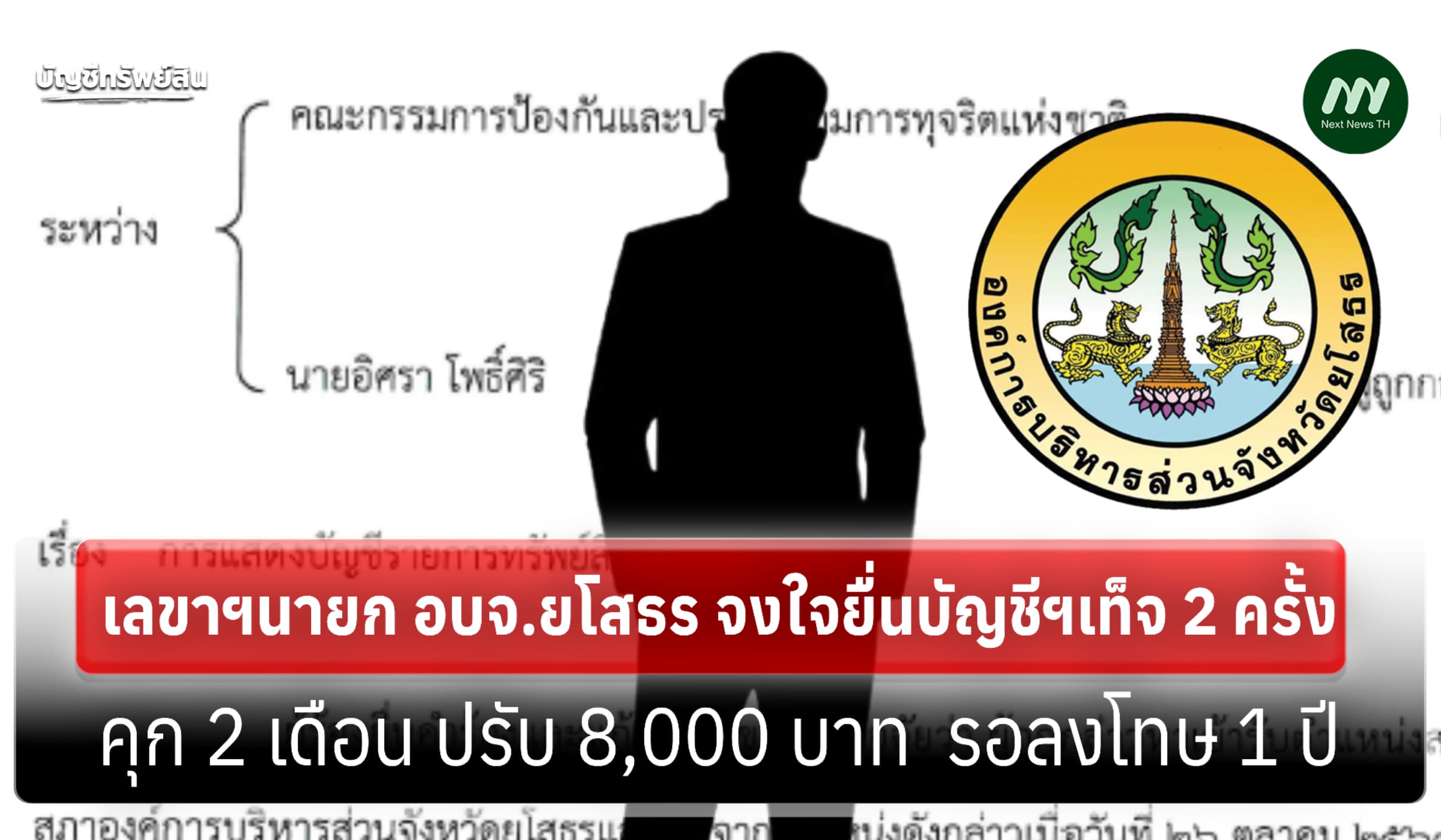 คุก 2 เดือน ให้รอลงโทษ! เลขาฯนายก อบจ.ยโสธร จงใจยื่นบัญชีฯเท็จ 2 ครั้ง
