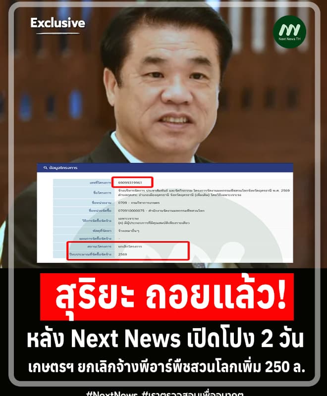 เปิดโปง2 วัน! 'สุริยะ' ถอย เกษตรฯ ยกเลิกจ้างพีอาร์พืชสวนโลกเพิ่ม250 ล.