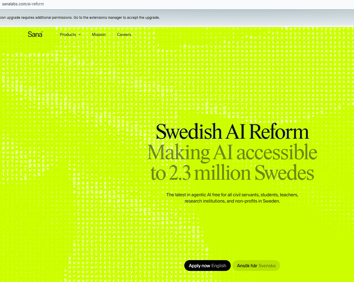เว็บบริษัท Sana Labs แสดงให้เห็นถึงโครงการ Swedish AI Reform ที่กำหนดให้คนเฉพาะกลุ่มจำนวน 2.3 ล้านคนเข้าถึง AI ก่อน