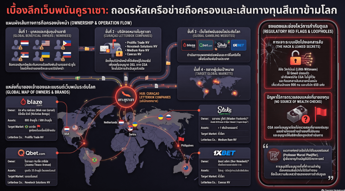 อินโฟกราฟิกแสดงแผนผังเส้นทางการถือครองและช่องโหว่การกำกับดูแลเครือข่ายเว็บไซต์พนันออนไลน์ข้ามชาติ