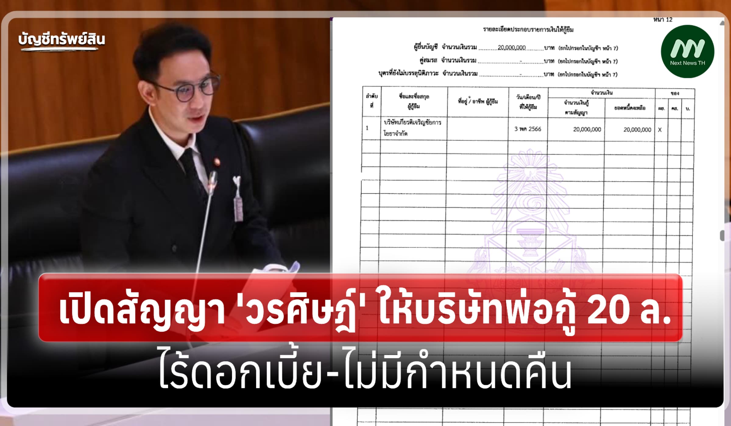 เปิดสัญญา 'วรศิษฎ์' ให้ บ.พ่อกู้ 20 ล. ไร้ดอกเบี้ย-ไม่มีกำหนดคืน