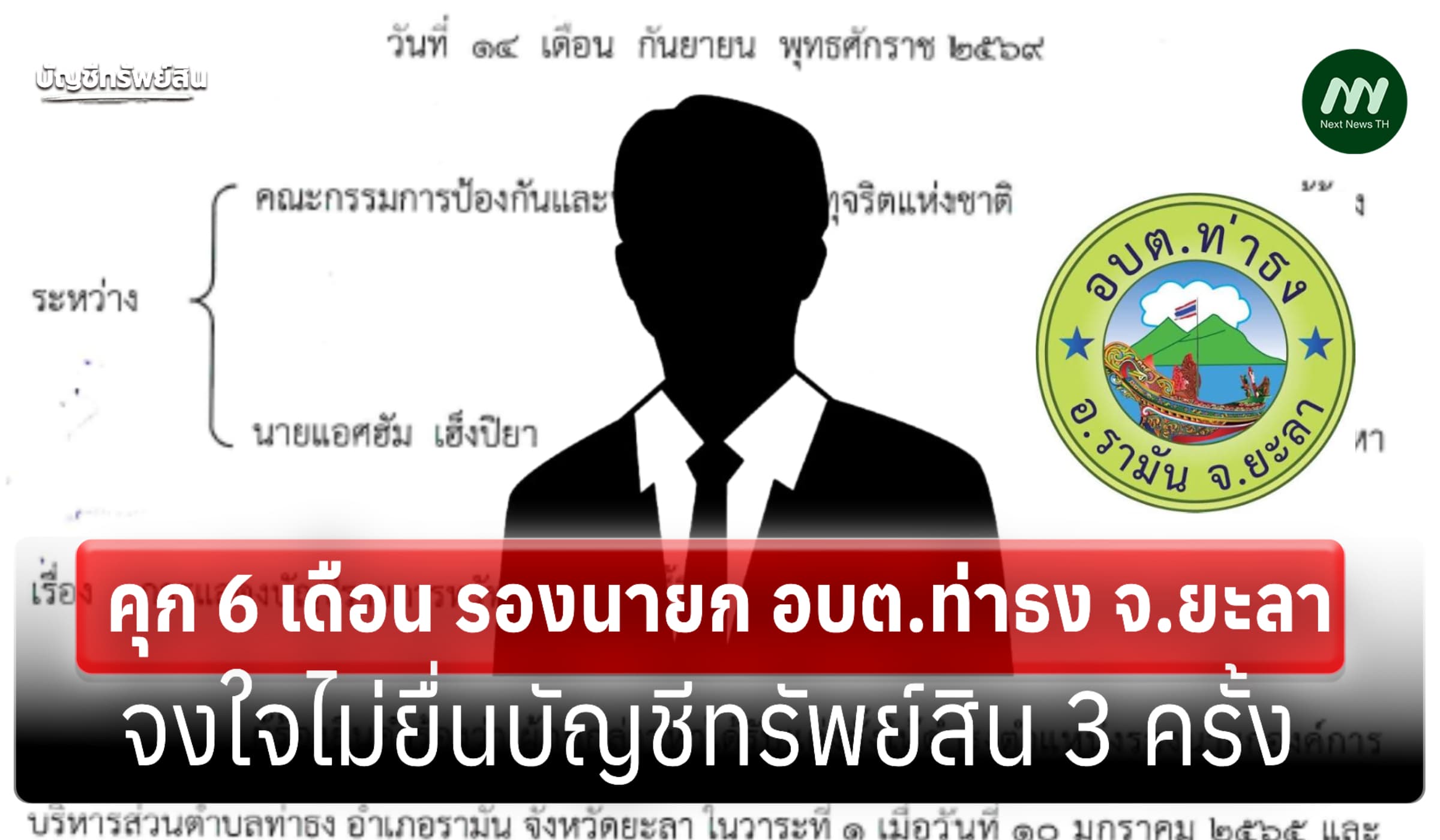คุก 6 เดือน รองนายก อบต.ท่าธง จ.ยะลา จงใจไม่ยื่นบัญชีฯ 3 ครั้ง-รอลงโทษ